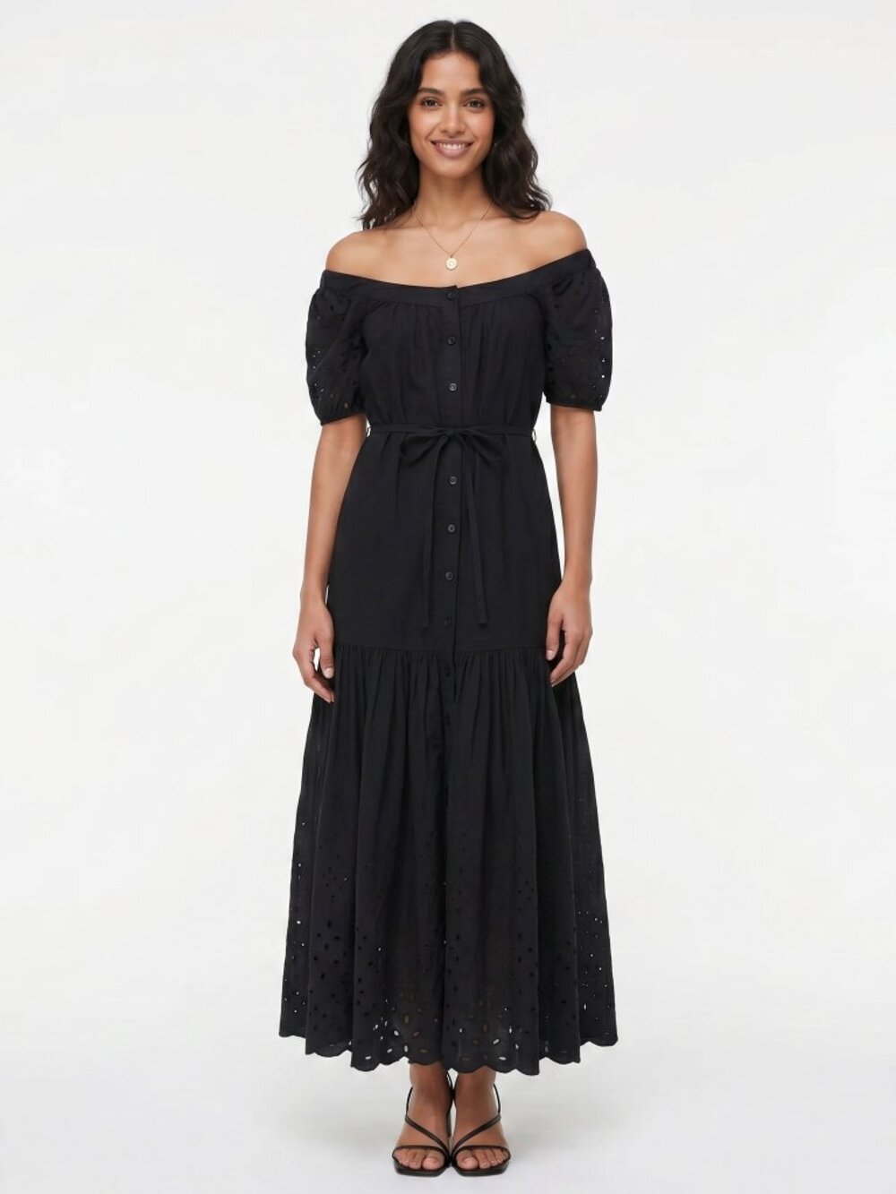 WHISTLES Broderie square-neck puff-sleeve cotton midi dress, Size 2